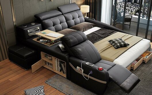Multifunktionsbett in Schwarz – Modernes Design mit Massage, USB & Lederbezug Sofort