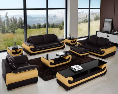Klassische Ledersofa Garnitur Komplett Set 8 tlg. Wohnzimmer Set Tisch Hocker Sofort