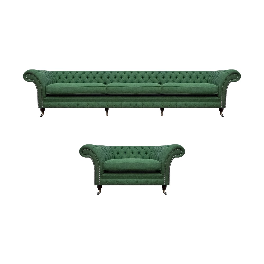 Exklusive Grüne Chesterfield Garnitur Komplettes Set Sessel 3-Sitzer