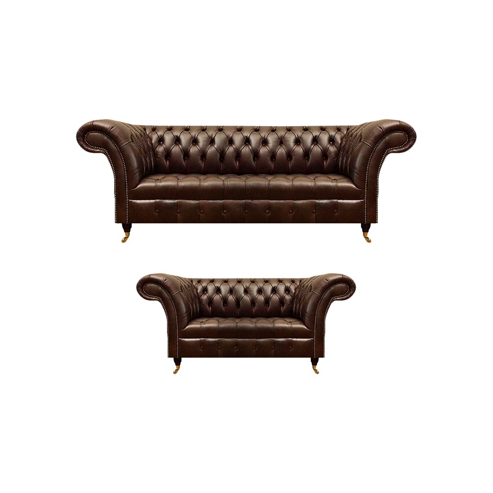 Chesterfield Braune Ledersofas Edle Wohnzimmer Couchen 2tlg Garnitur