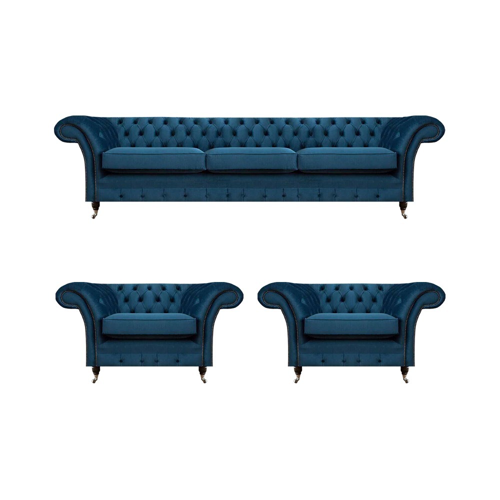 Moderne Chesterfield Blaue Sessel Luxuriöser Dreisitzer Wohnzimmer Möbel