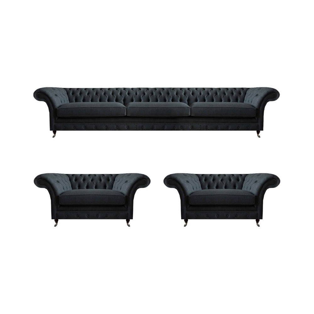 Schwarze Chesterfield Polstergarnitur Moderne Sitzmöbel Stoffsessel 3tlg