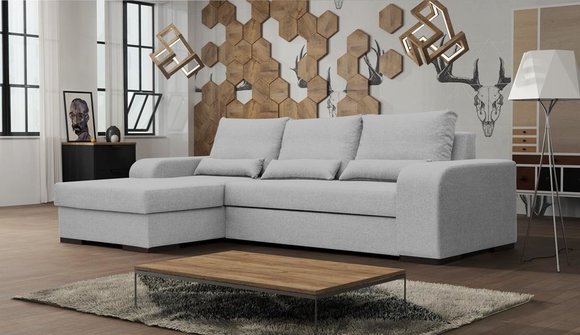 Sofa Bettkasten Stil Polster Couch Extra Bettfunktion Klasse Designer + Schlafsofa / Stoff Wohnlandschaft bei Grau Ecksofa Textil Eck L-Form Schlaffunktion Modern