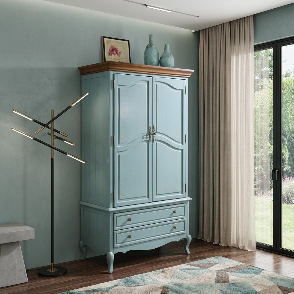 Landhausstil Kleiderschrank in Pastellblau und Braun – Charmanter Stauraum für Ihr Zuhause