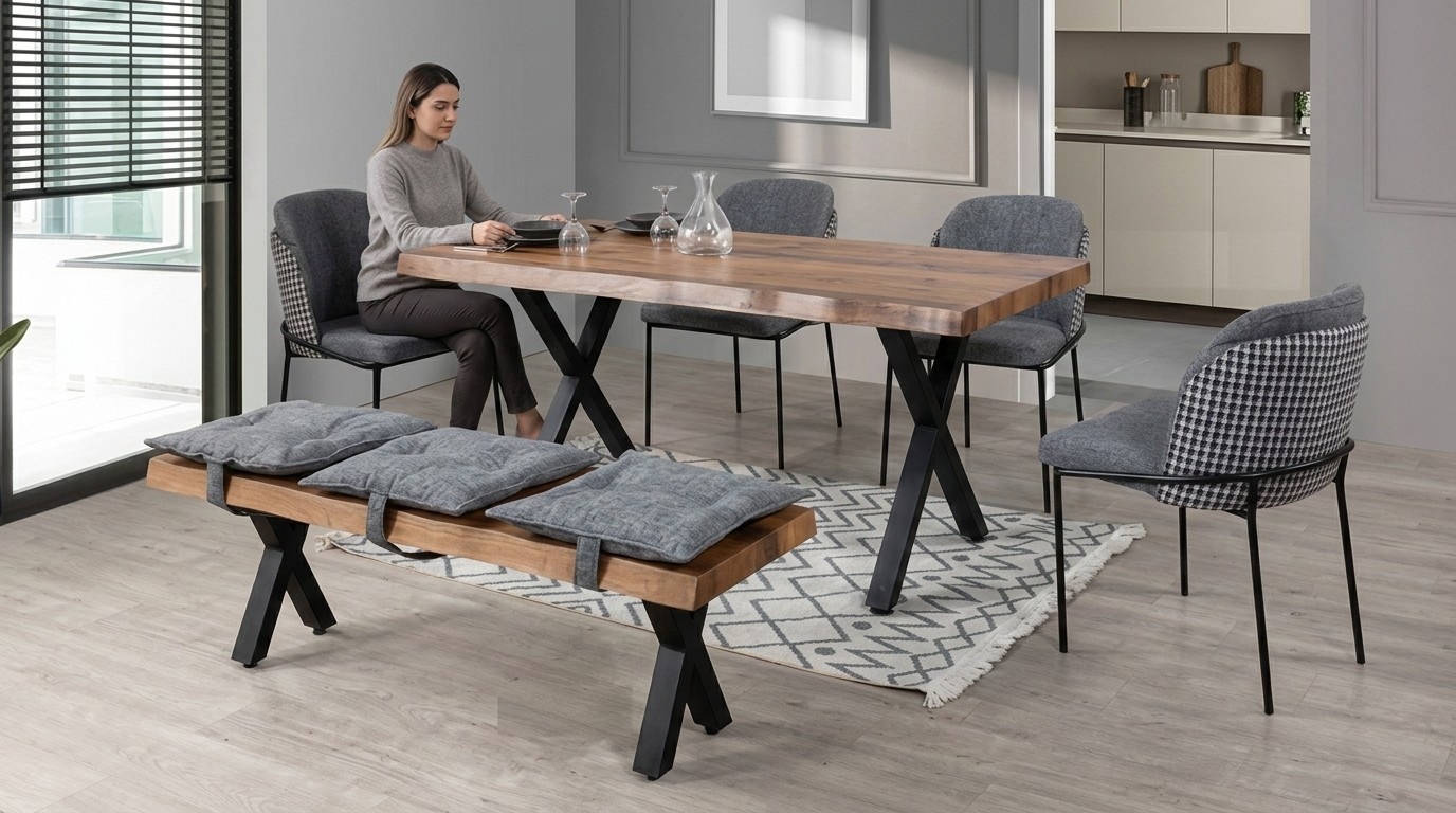 Original-Set Essgruppe: Esstisch, 4 Stühle und Sitzbank für das Esszimmer