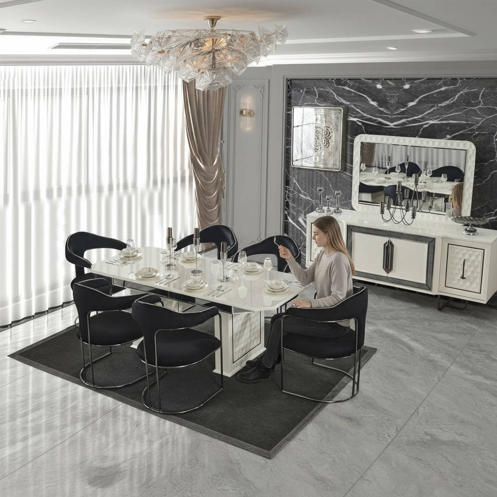 Modernes weißes Esszimmer-Set: Esstisch, 6 Stühle, Sideboard und Spiegel