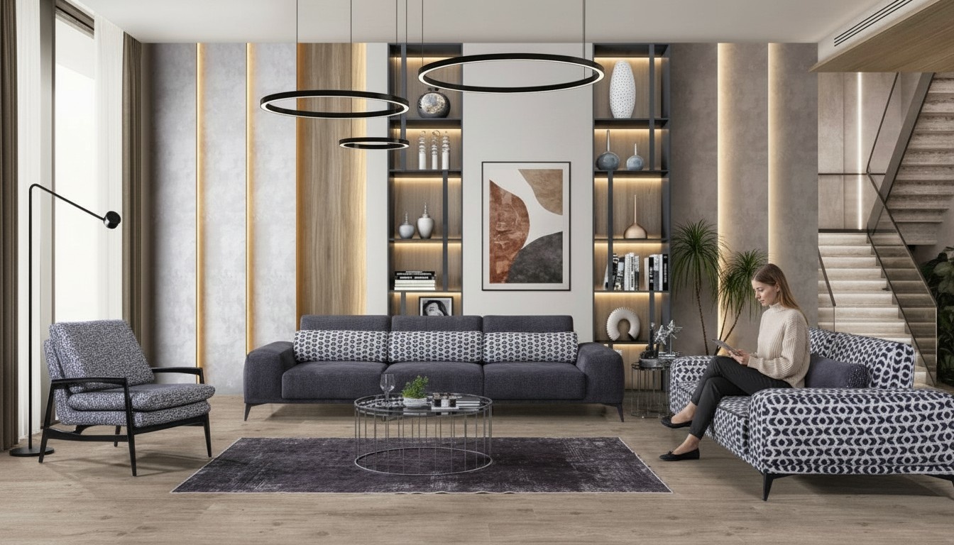 Exklusive Graue Wohnzimmer Sitzgarnitur 3tlg