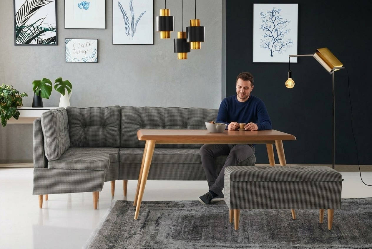 Moderne Essgruppe mit grauer Eckbank und Tisch