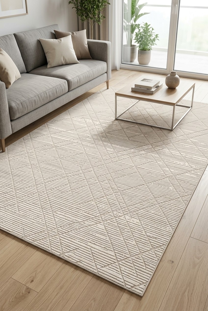 Beiger Kurzflor Teppich mit Linien für Wohnzimmer