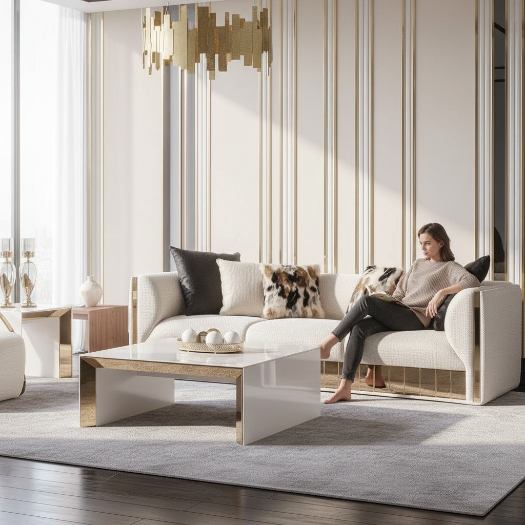 Modernes weißes Wohnzimmer Set mit 4-Sitzer-Sofa und Couchtisch