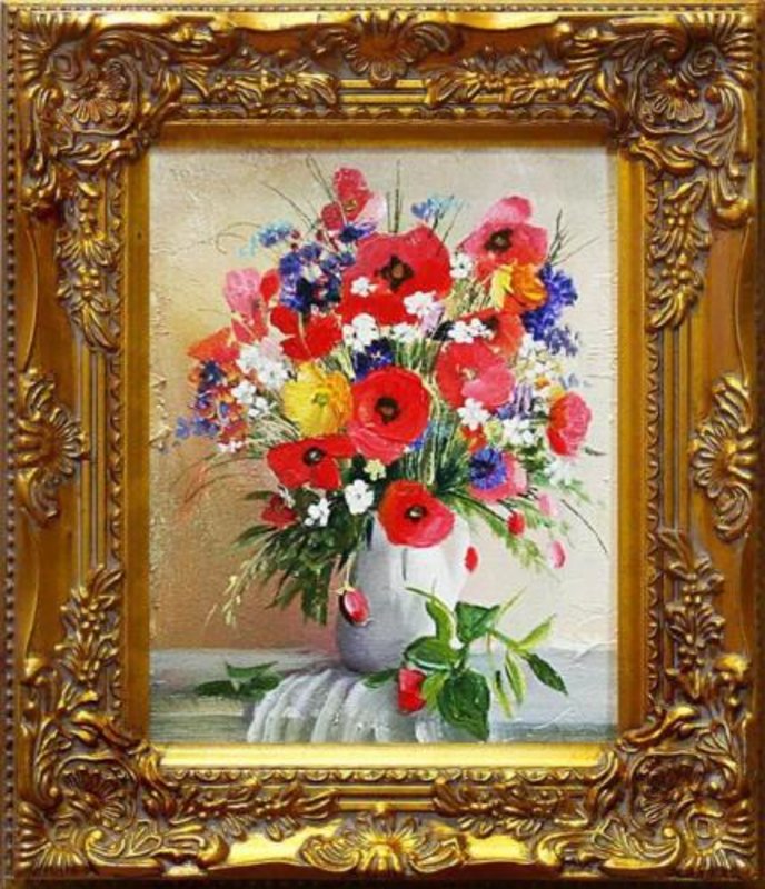 Blumenstrauß Blumen Vase Gemälde Ölgemälde Bilder Bild Ölbild Mit Rahmen G06213