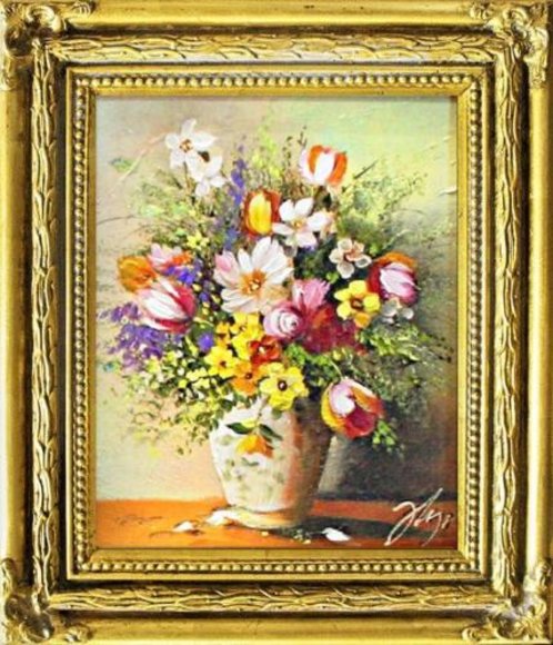 Blumenstrauß Blumen Vase Gemälde Ölgemälde Bilder Bild Ölbild Mit Rahmen  G02341