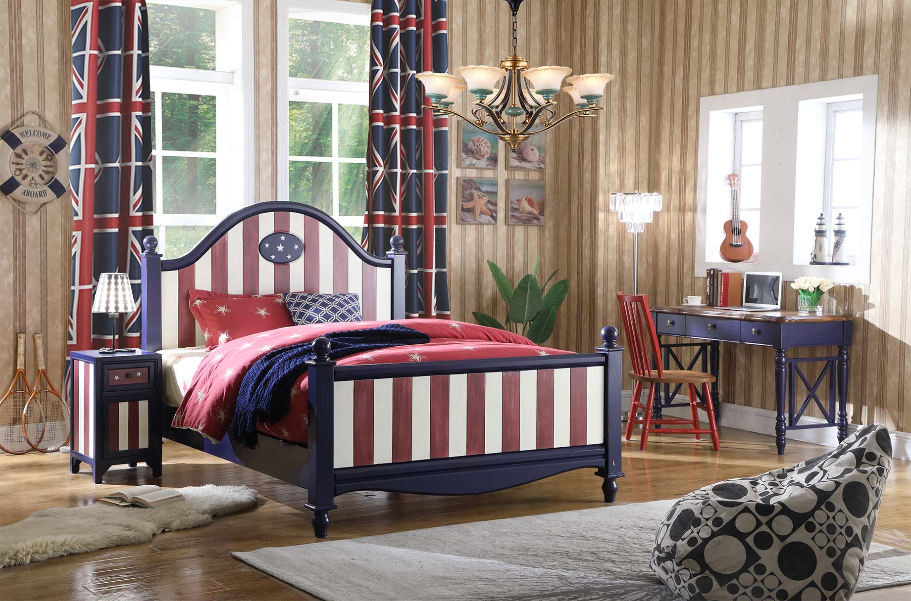 America Bett Kinderzimmer Betten Schlafzimmer Holz echtholz Möbel Blau Design